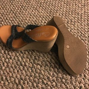 Blue braided leather wedge sandals